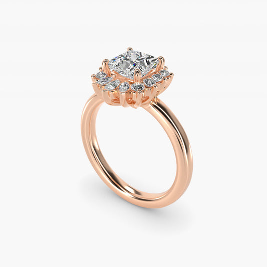 Pear Marquise and Round Ballerina Halo Diamond Engagement Ring in 18k Rose Gold - Princess Center