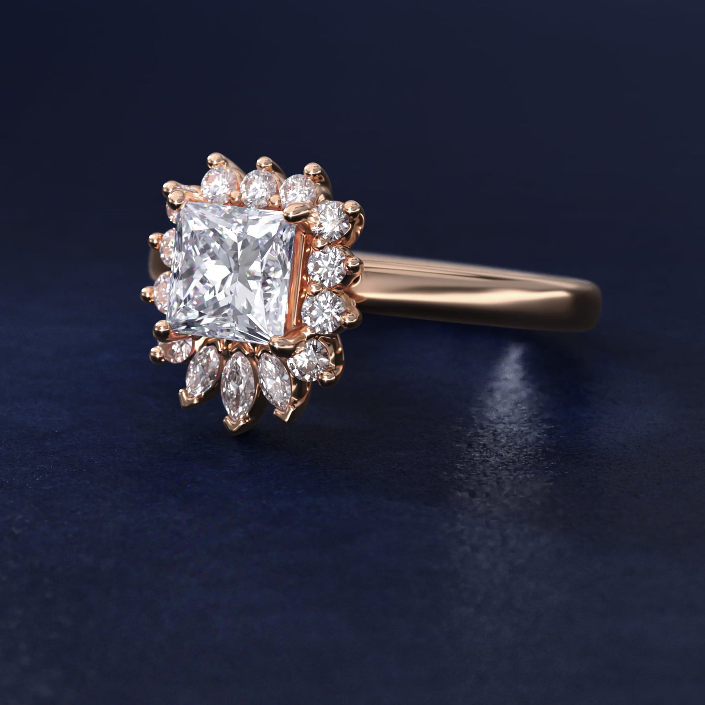 Pear Marquise and Round Ballerina Halo Diamond Engagement Ring in 18k Rose Gold - Princess Center