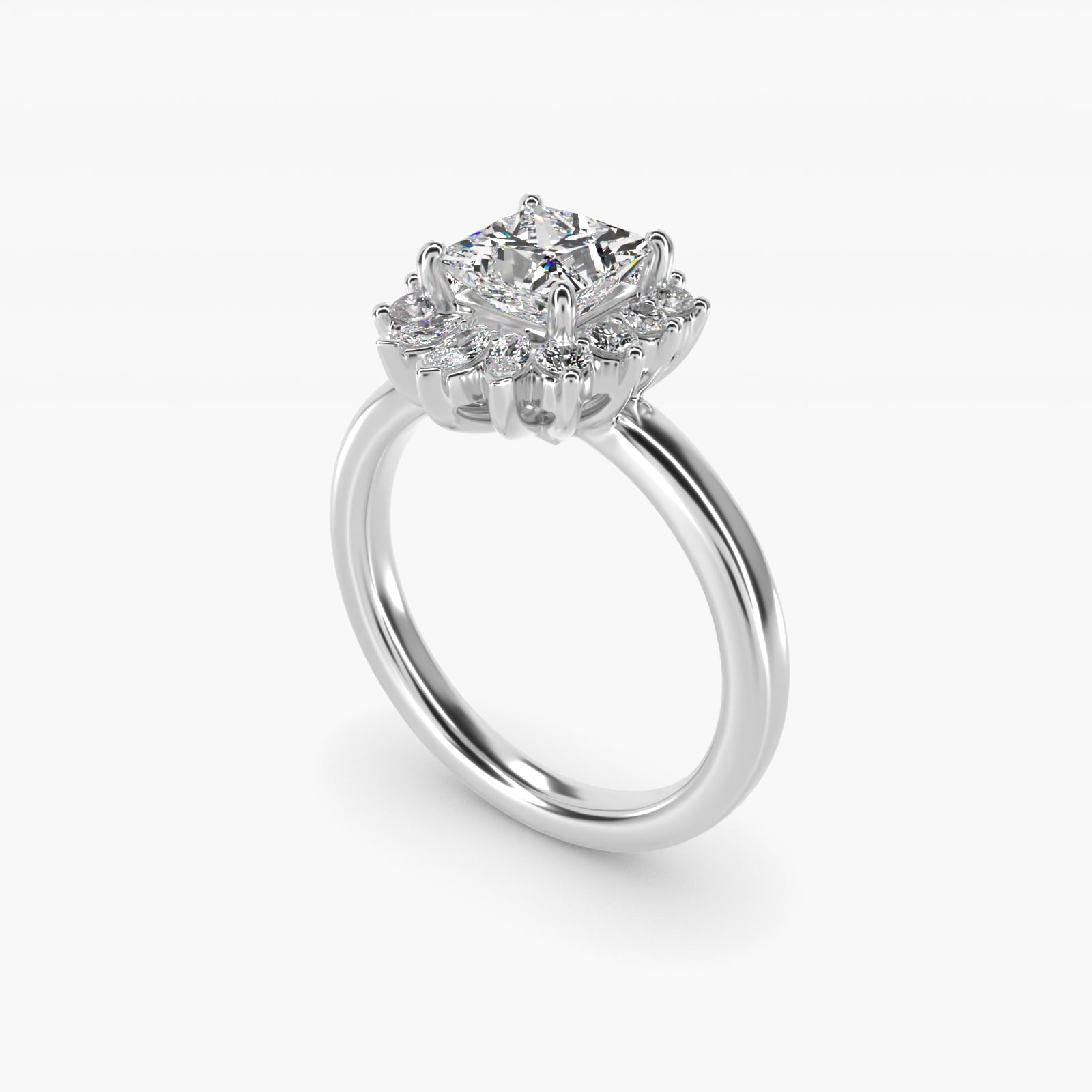 Pear Marquise and Round Ballerina Halo Diamond Engagement Ring in 14k White Gold - Princess Center