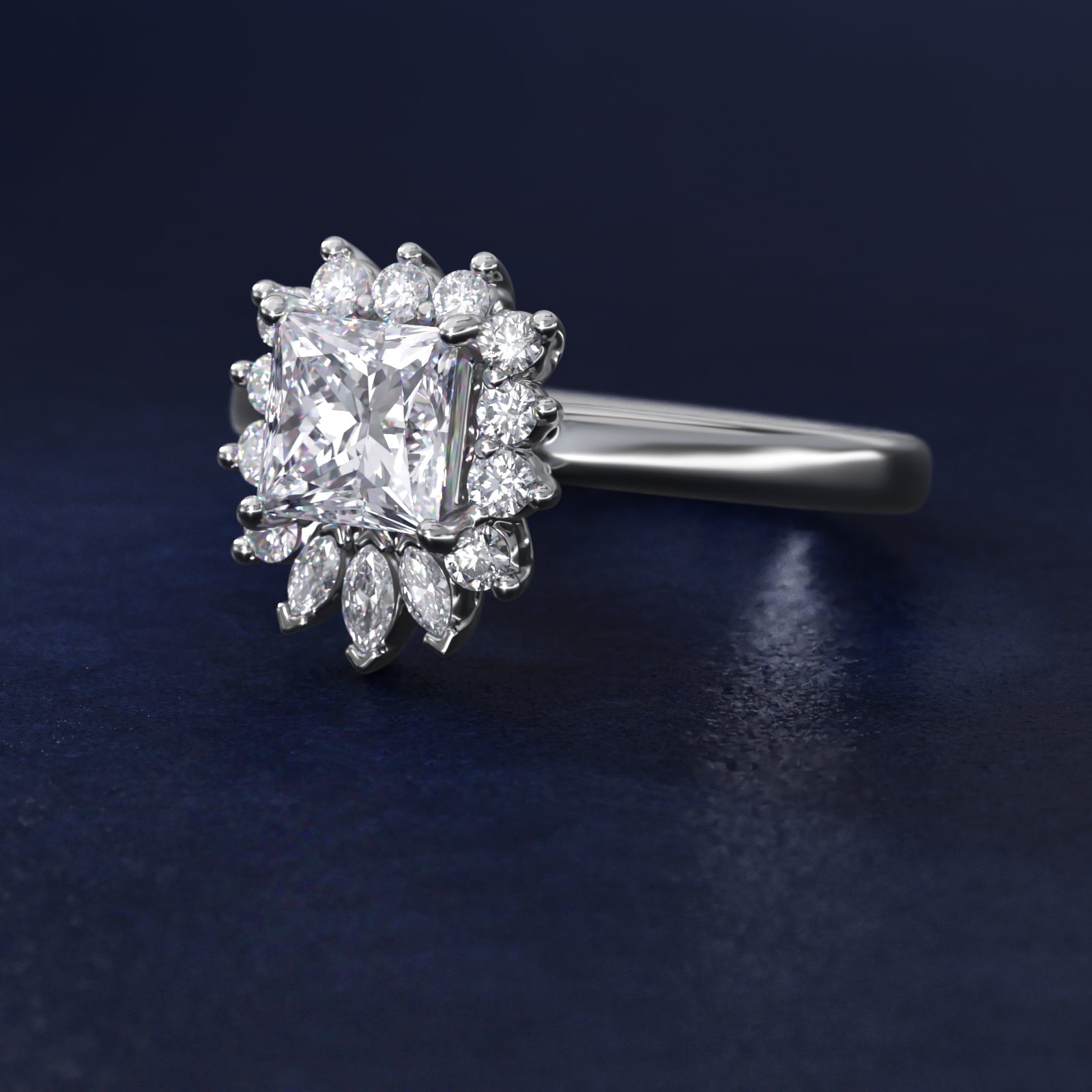 Pear Marquise and Round Ballerina Halo Diamond Engagement Ring in 18k White Gold - Princess Center