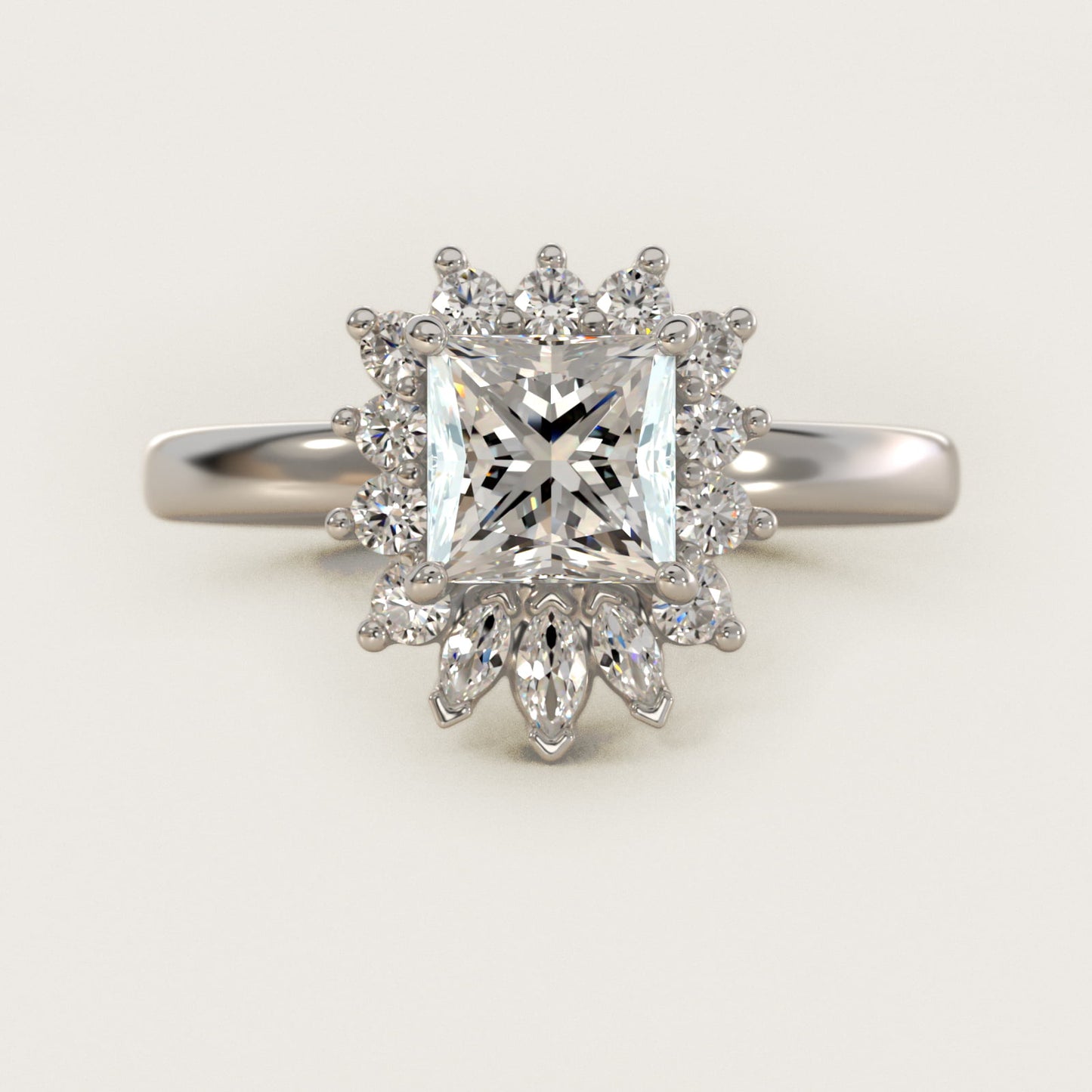 Pear Marquise and Round Ballerina Halo Diamond Engagement Ring in 14k White Gold - Princess Center
