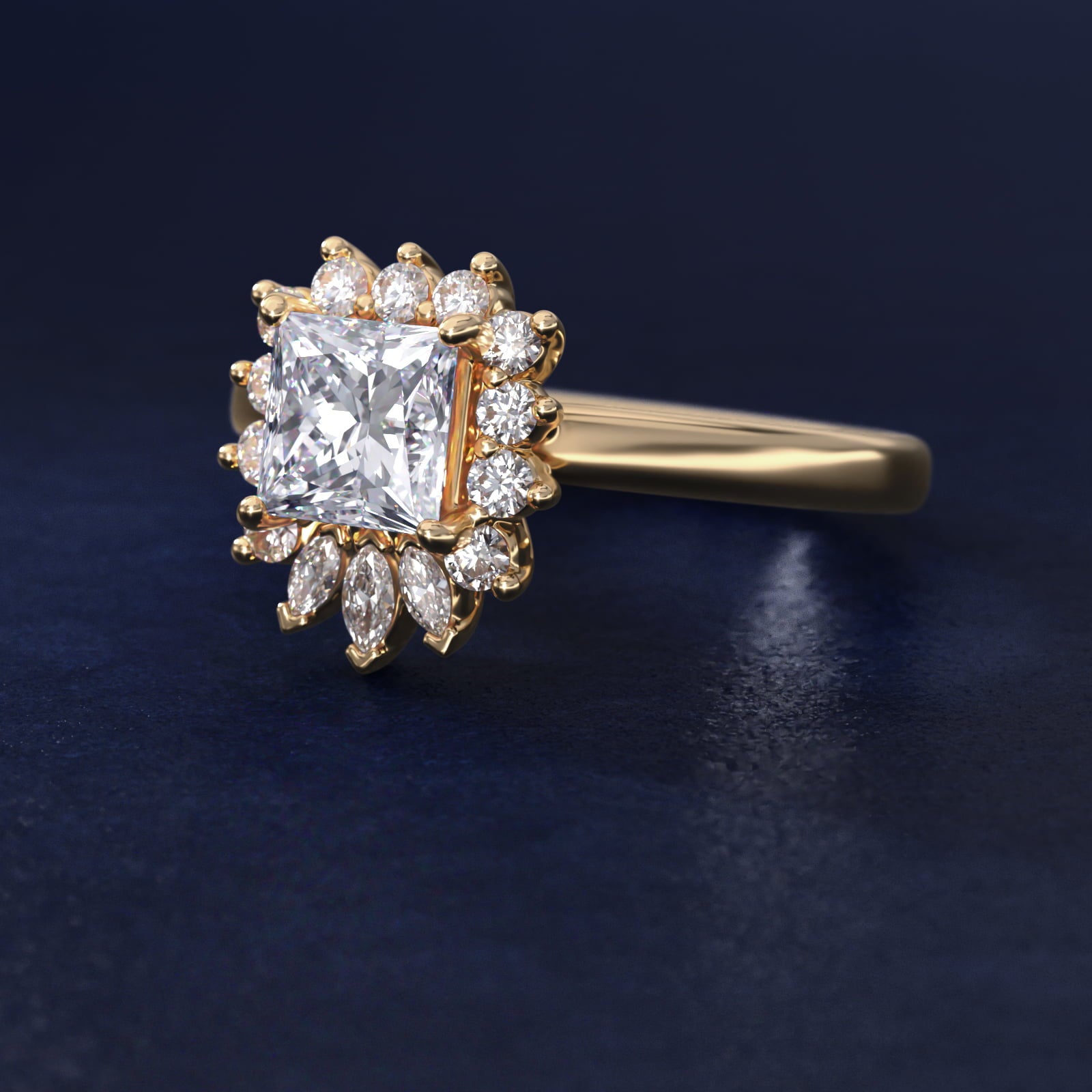 Pear Marquise and Round Ballerina Halo Diamond Engagement Ring in 18k Yellow Gold - Princess Center