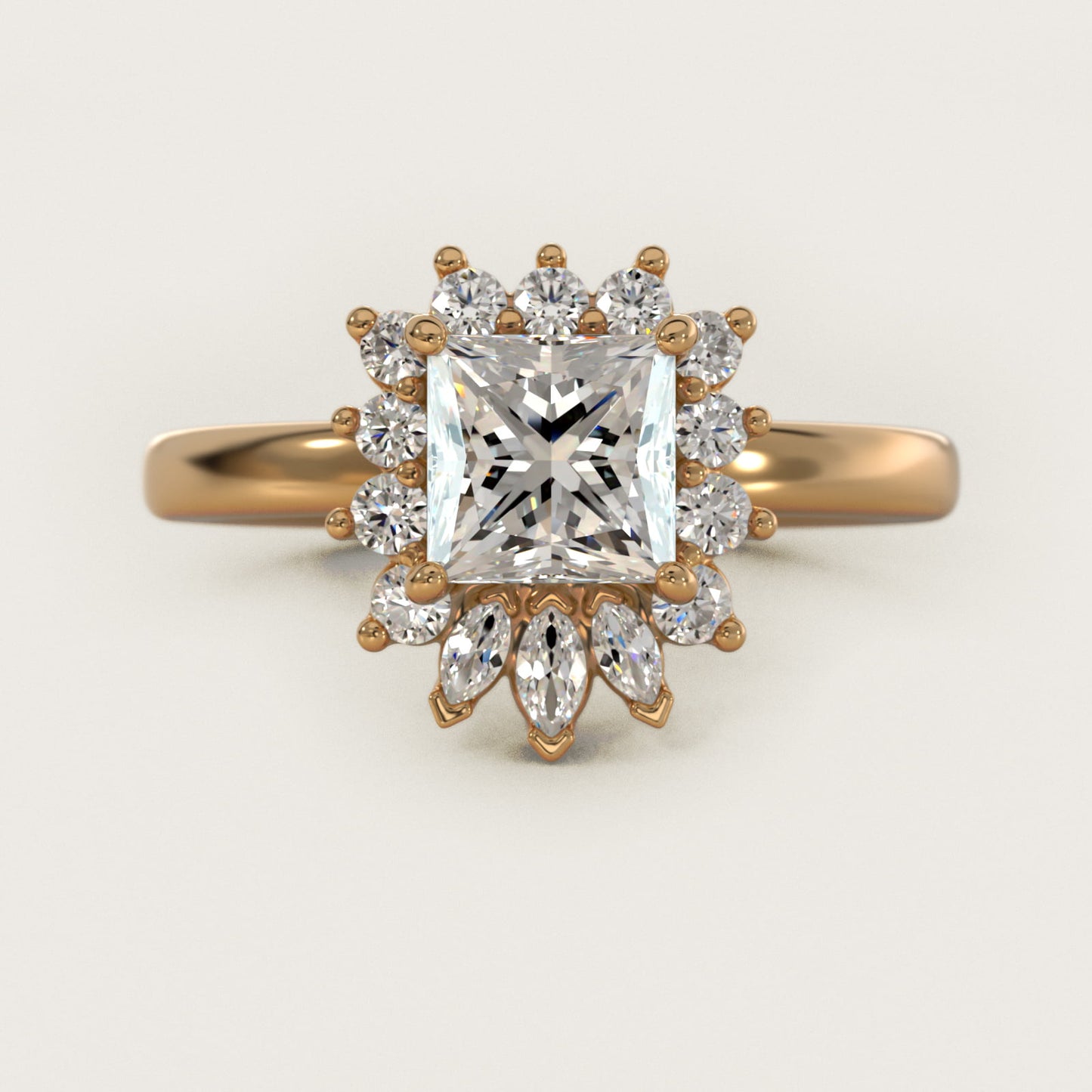Pear Marquise and Round Ballerina Halo Diamond Engagement Ring in 18k Yellow Gold - Princess Center