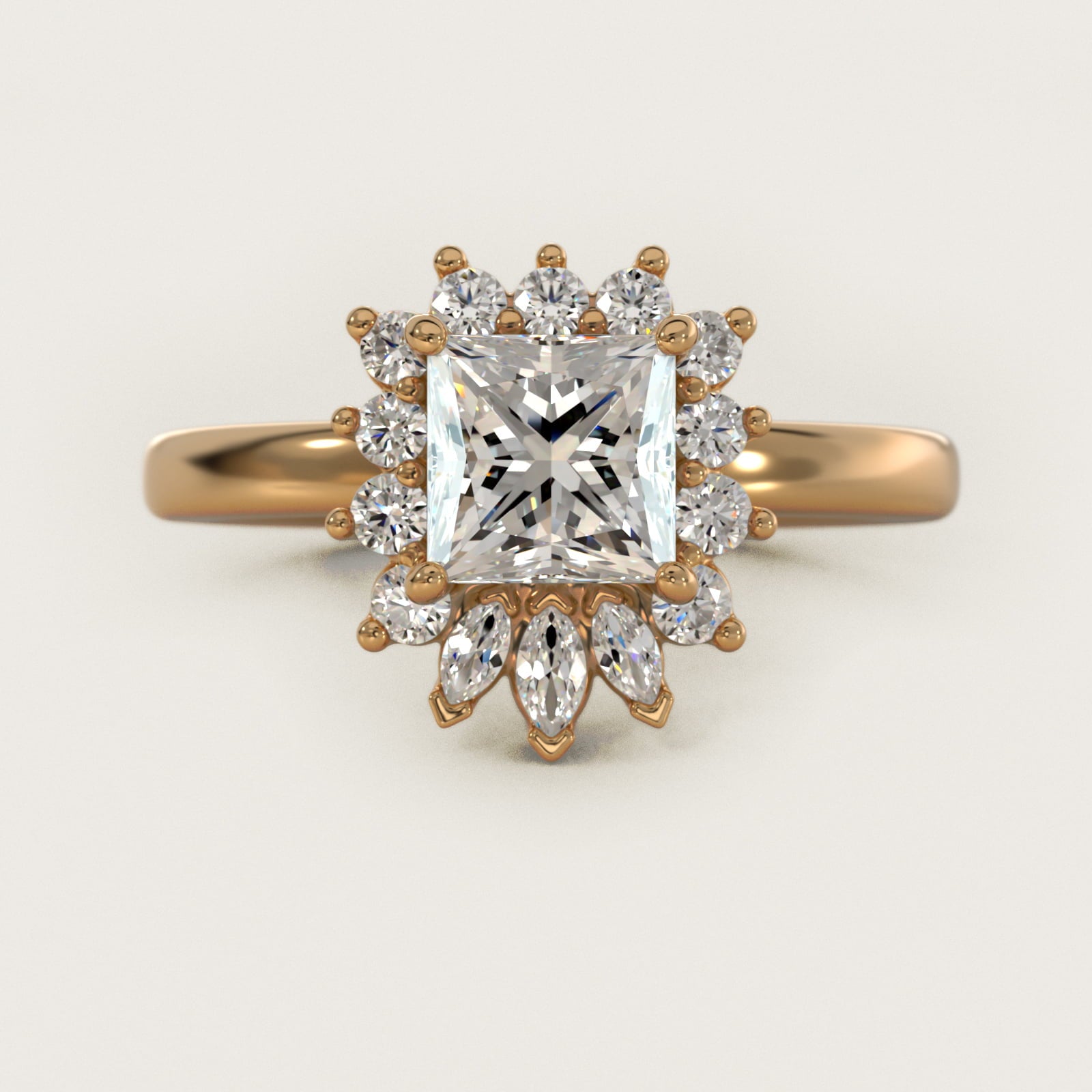 Pear Marquise and Round Ballerina Halo Diamond Engagement Ring in 18k Yellow Gold - Princess Center
