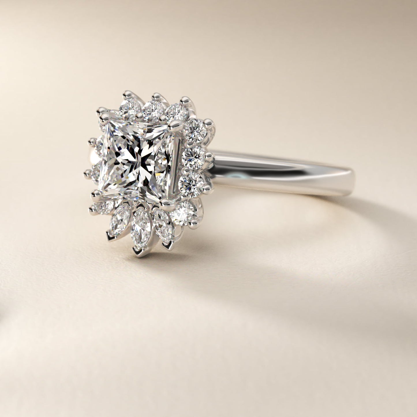 Pear Marquise and Round Ballerina Halo Diamond Engagement Ring in Platinum - Princess Center