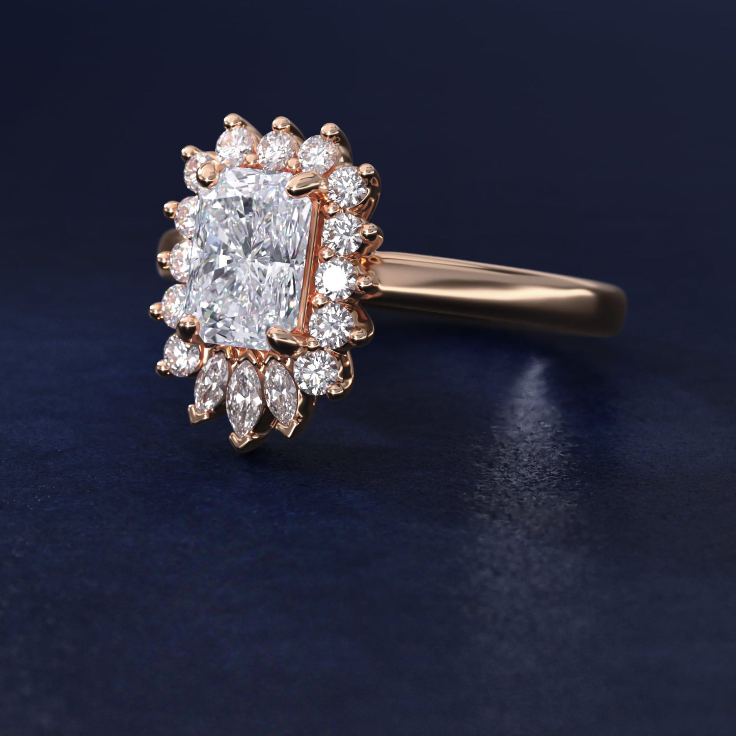 Pear Marquise and Round Ballerina Halo Diamond Engagement Ring in 18k Rose Gold - Radiant Center