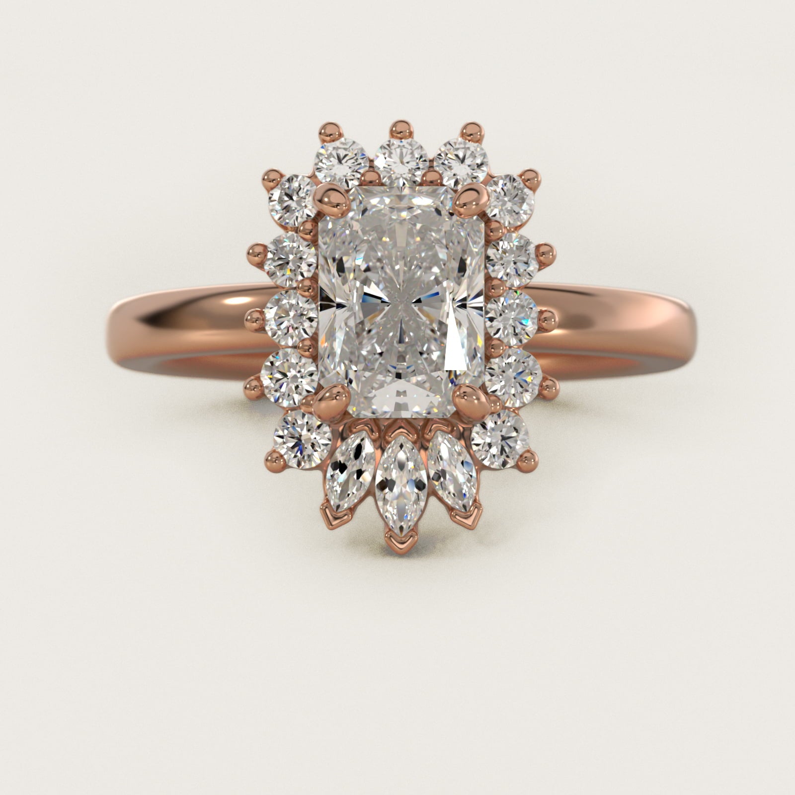 Pear Marquise and Round Ballerina Halo Diamond Engagement Ring in 14k Rose Gold - Radiant Center
