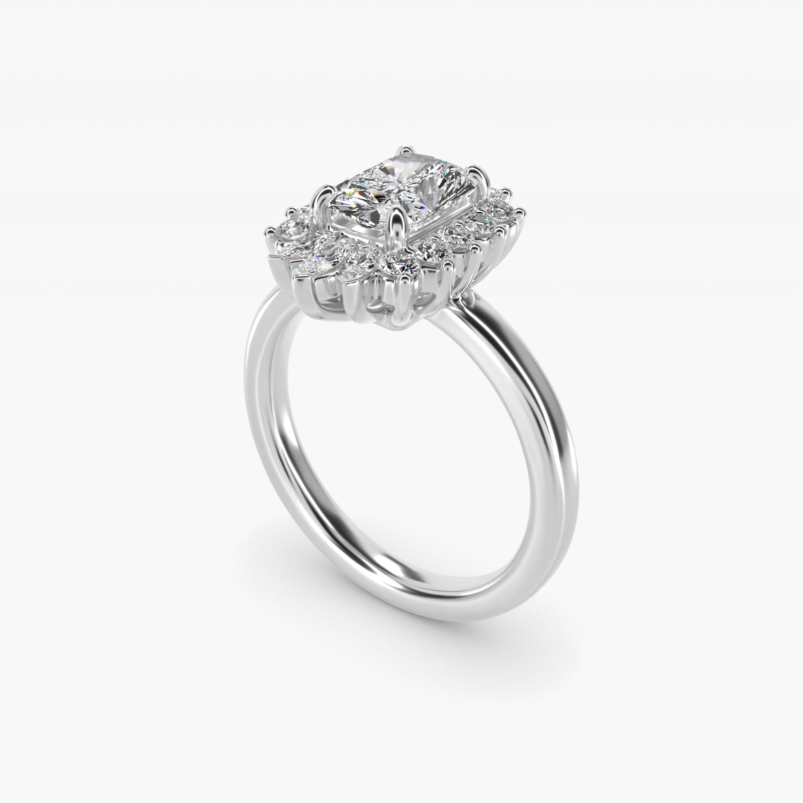 Pear Marquise and Round Ballerina Halo Diamond Engagement Ring in 14k White Gold - Radiant Center