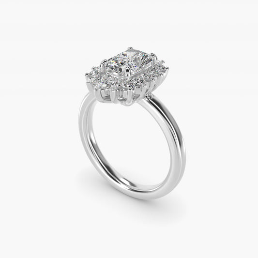 Pear Marquise and Round Ballerina Halo Diamond Engagement Ring in 18k White Gold - Radiant Center