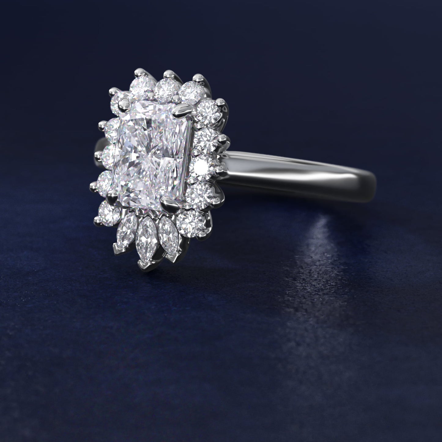 Pear Marquise and Round Ballerina Halo Diamond Engagement Ring in 18k White Gold - Radiant Center
