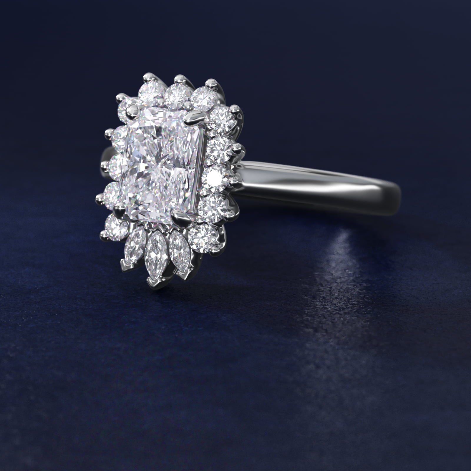Pear Marquise and Round Ballerina Halo Diamond Engagement Ring in 18k White Gold - Radiant Center