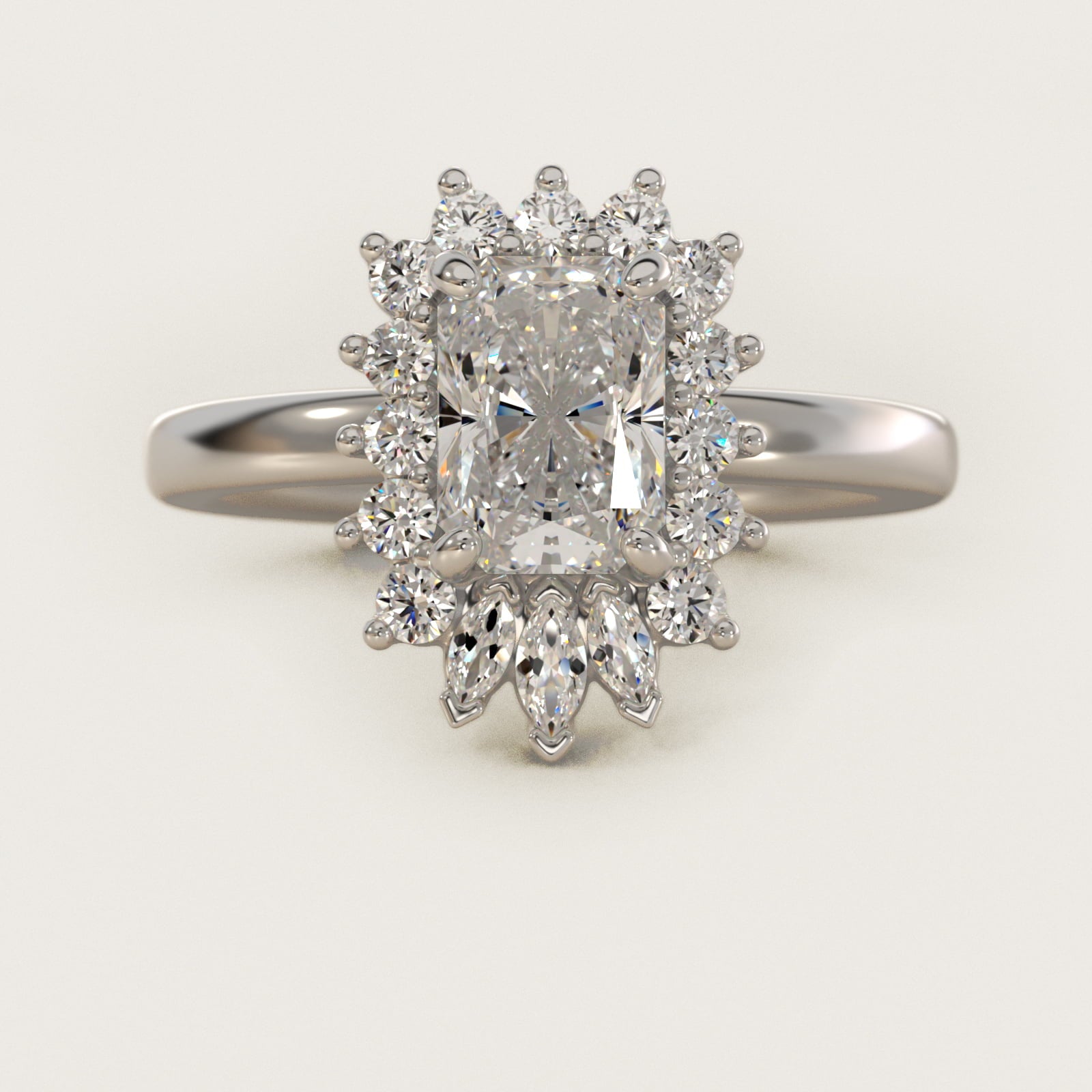 Pear Marquise and Round Ballerina Halo Diamond Engagement Ring in 18k White Gold - Radiant Center