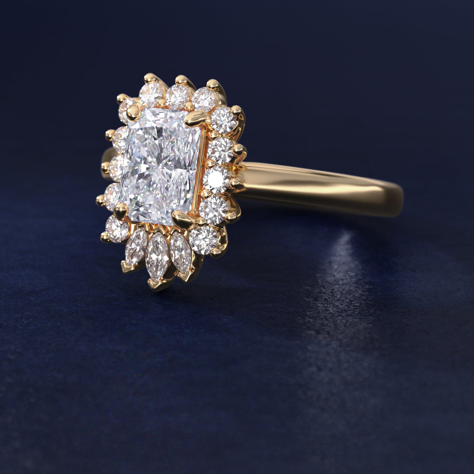 Pear Marquise and Round Ballerina Halo Diamond Engagement Ring in 18k Yellow Gold - Radiant Center