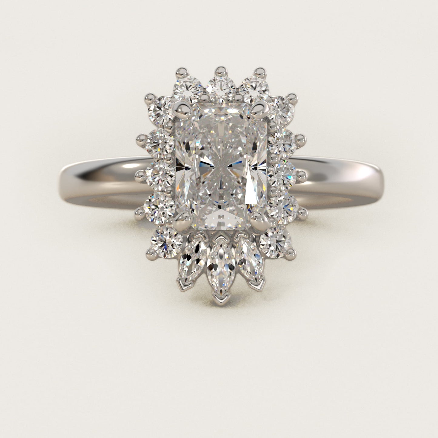 Pear Marquise and Round Ballerina Halo Diamond Engagement Ring in Platinum - Radiant Center