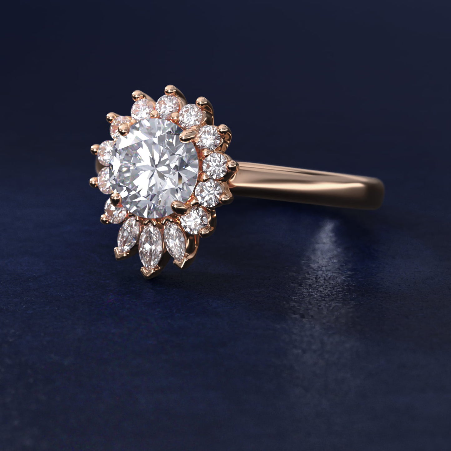 Pear Marquise and Round Ballerina Halo Diamond Engagement Ring in 14k Rose Gold - Round Center