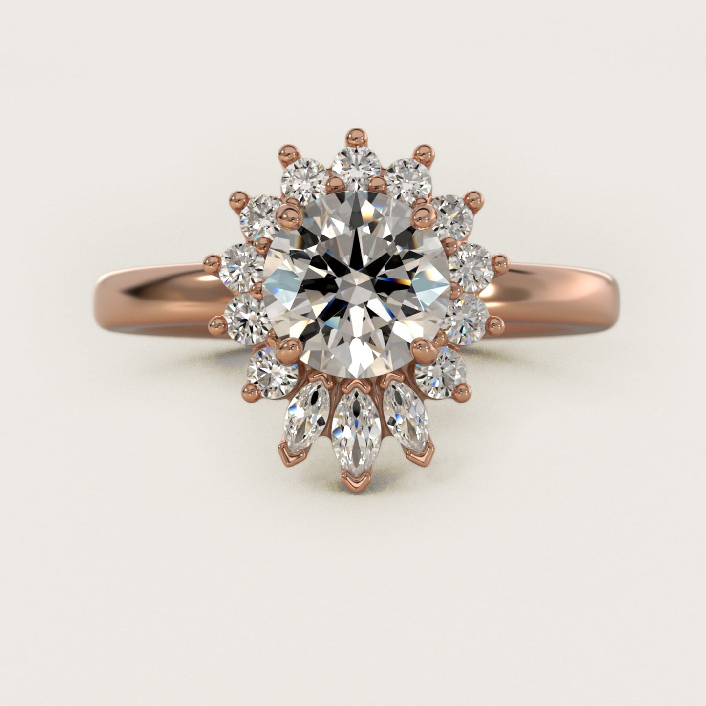 Pear Marquise and Round Ballerina Halo Diamond Engagement Ring in 18k Rose Gold - Round Center