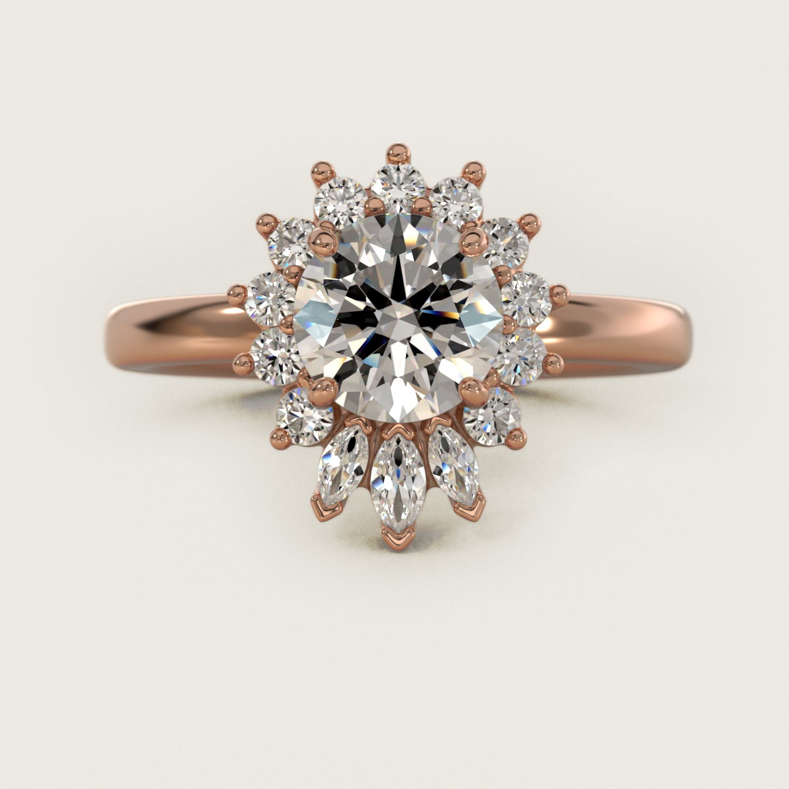 Pear Marquise and Round Ballerina Halo Diamond Engagement Ring in 18k Rose Gold - Round Center