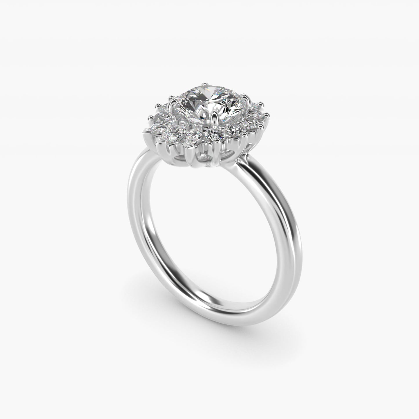 Pear Marquise and Round Ballerina Halo Diamond Engagement Ring in 18k White Gold - Round Center