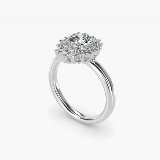 Pear Marquise and Round Ballerina Halo Diamond Engagement Ring in 18k White Gold - Round Center