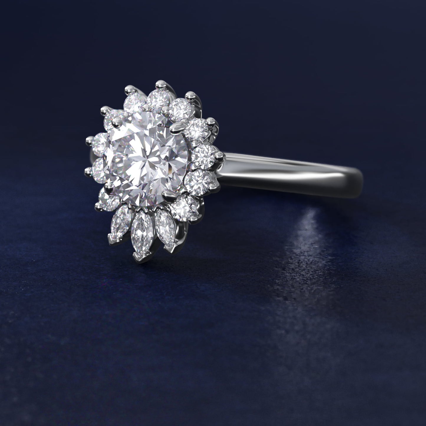 Pear Marquise and Round Ballerina Halo Diamond Engagement Ring in 18k White Gold - Round Center