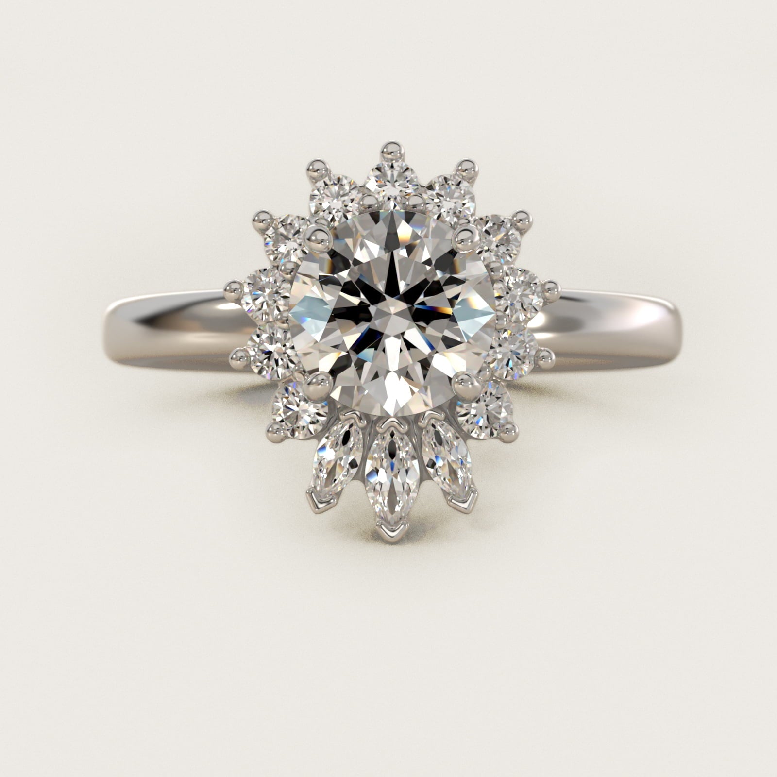 Pear Marquise and Round Ballerina Halo Diamond Engagement Ring in 18k White Gold - Round Center