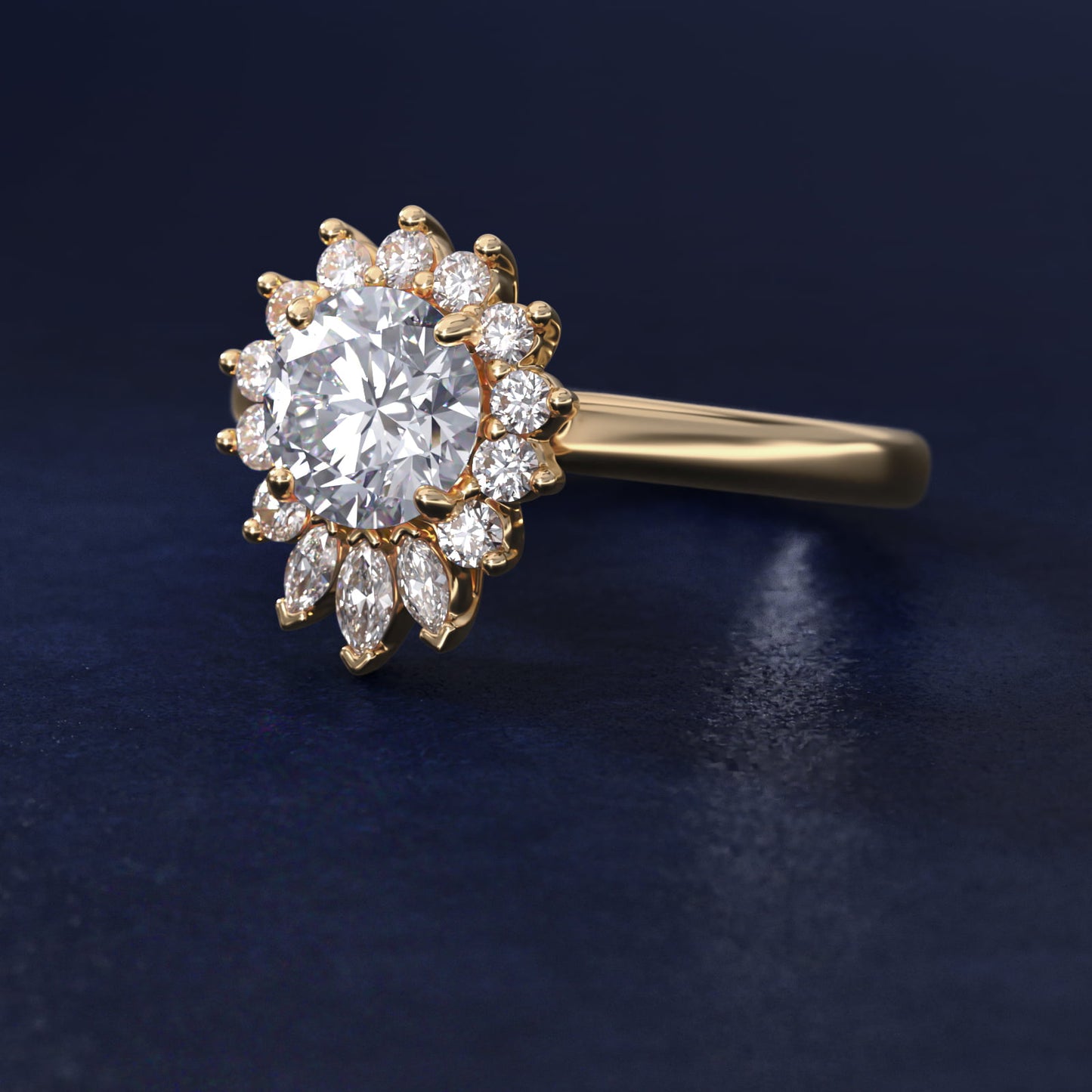 Pear Marquise and Round Ballerina Halo Diamond Engagement Ring in 18k Yellow Gold - Round Center
