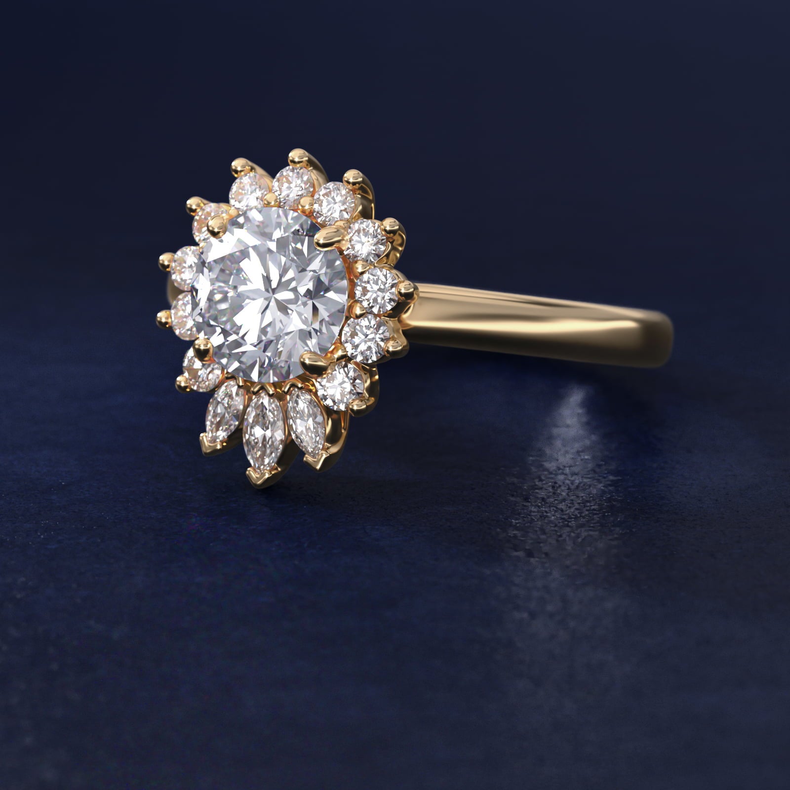 Pear Marquise and Round Ballerina Halo Diamond Engagement Ring in 18k Yellow Gold - Round Center