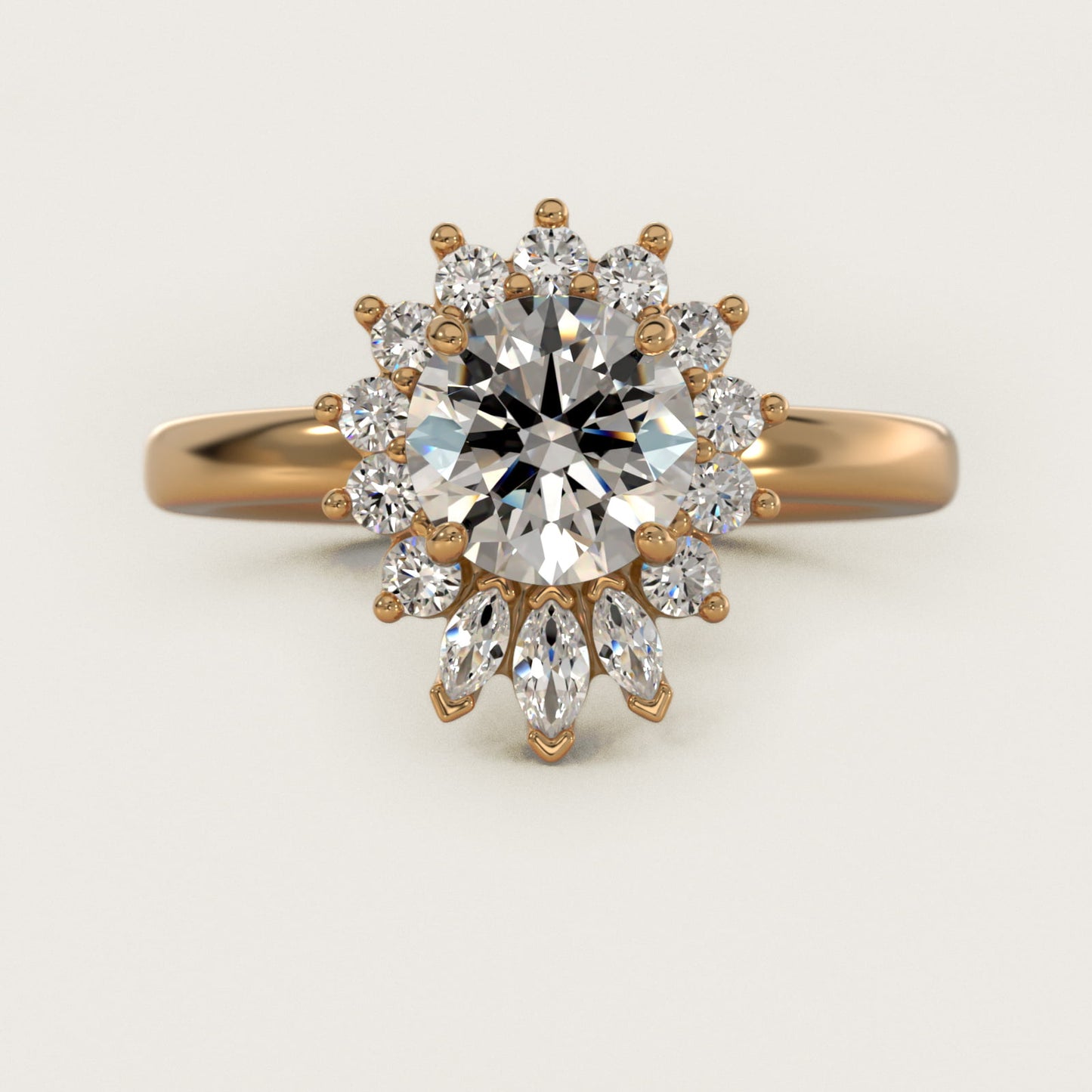 Pear Marquise and Round Ballerina Halo Diamond Engagement Ring in 18k Yellow Gold - Round Center