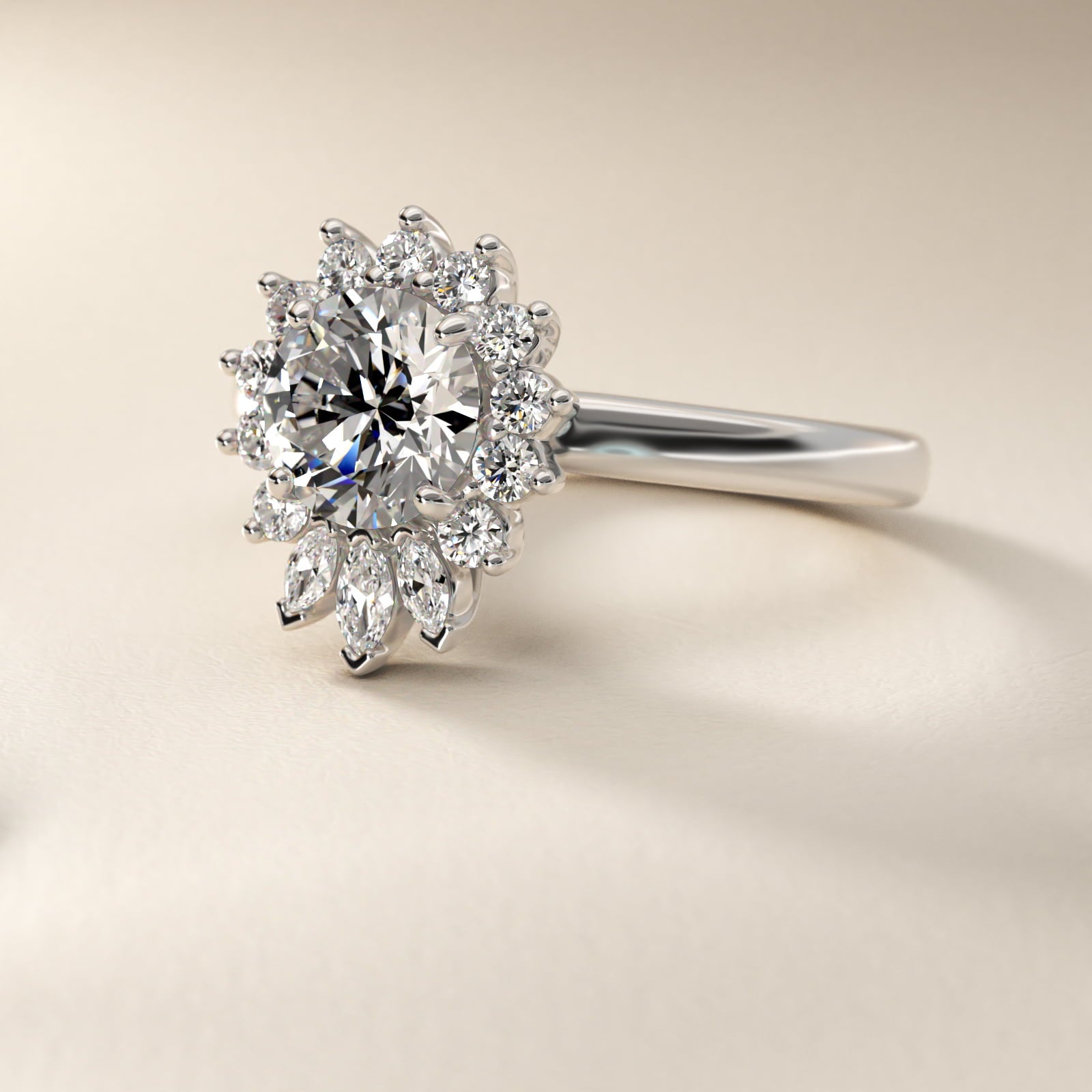Pear Marquise and Round Ballerina Halo Diamond Engagement Ring in Platinum - Round Center