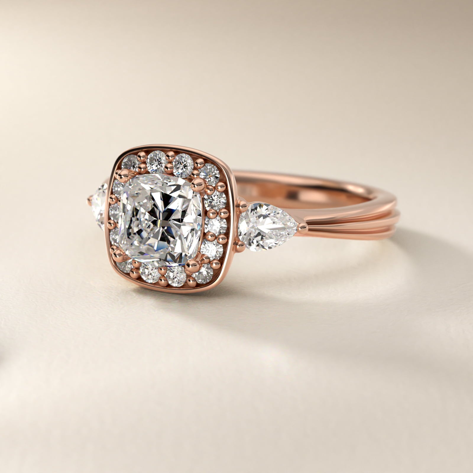 Pear Shape Side Stone Diamond Halo Engagement Ring In 14K Rose Gold By James Allen - Cushion Center