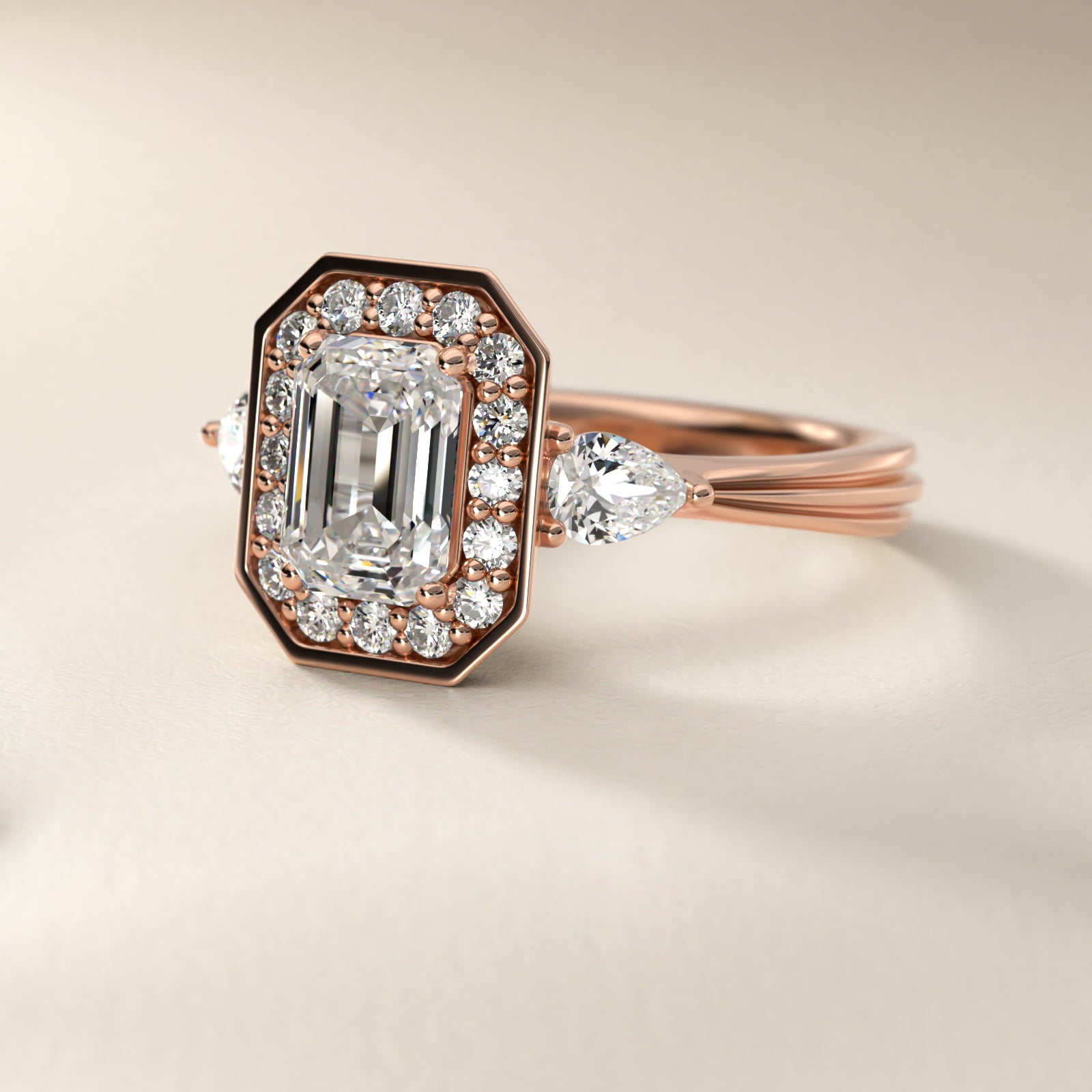 Pear Shape Side Stone Diamond Halo Engagement Ring In 14K Rose Gold By James Allen - Emerald Center