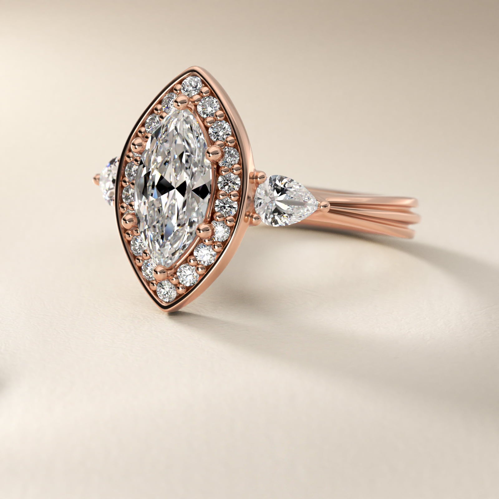 Pear Shape Side Stone Diamond Halo Engagement Ring In 14K Rose Gold By James Allen - Marquise Center