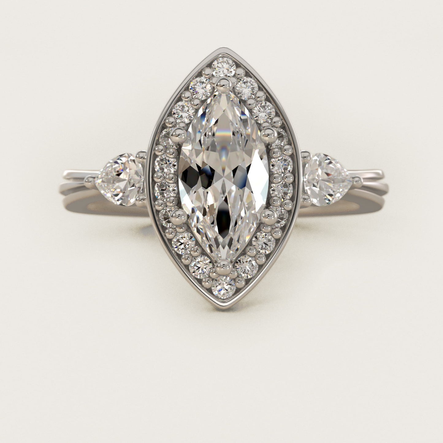 Pear Shape Side Stone Diamond Halo Engagement Ring In 18k White Gold By James Allen - Marquise Center