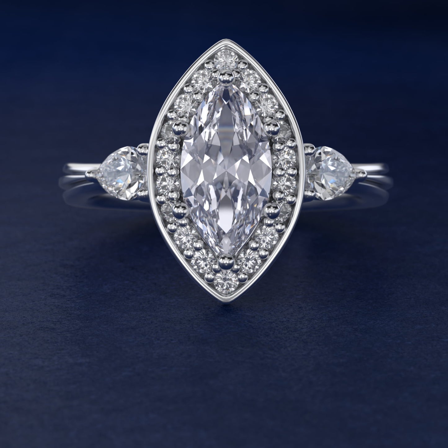 Pear Shape Side Stone Diamond Halo Engagement Ring In Platinum By James Allen - Marquise Center