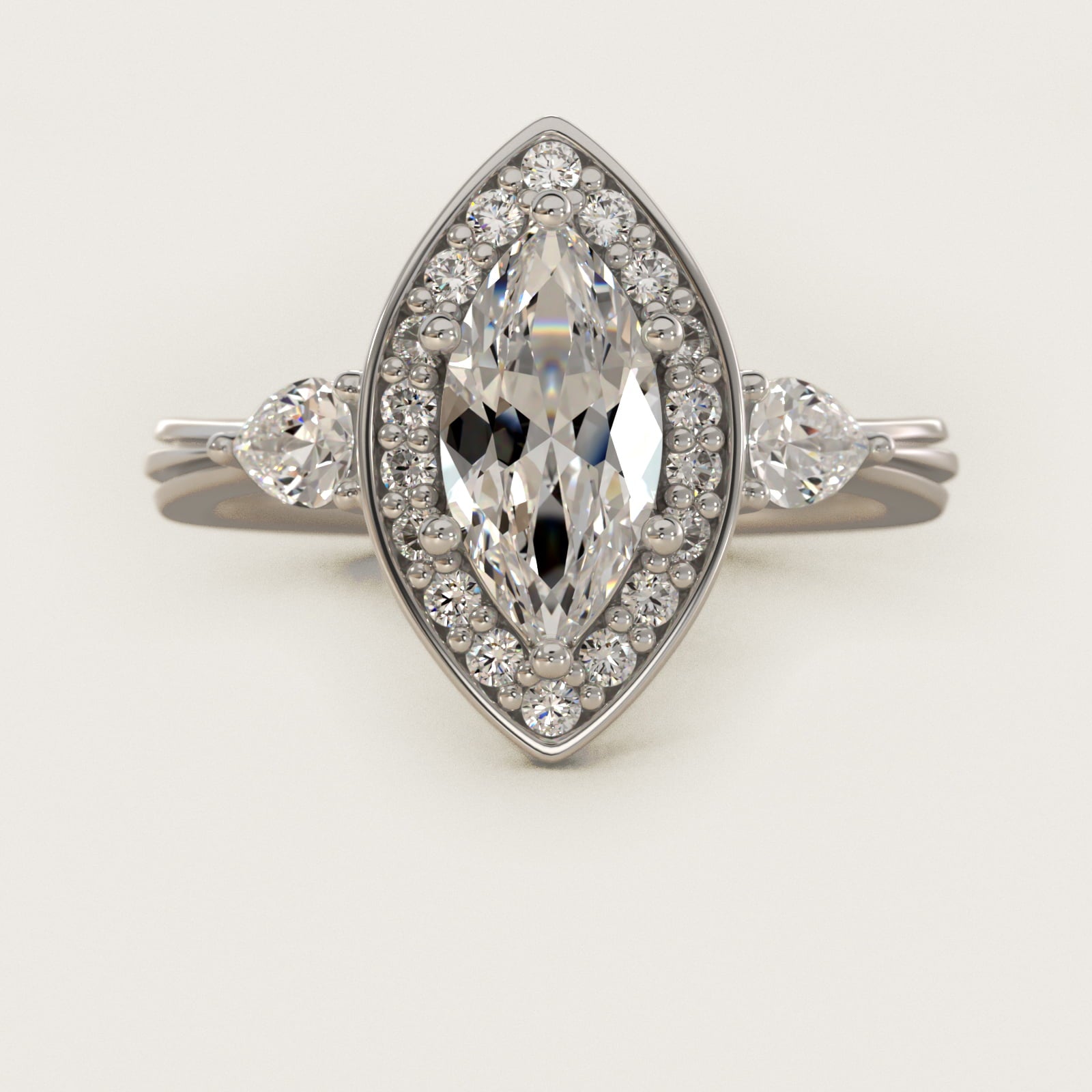 Pear Shape Side Stone Diamond Halo Engagement Ring In Platinum By James Allen - Marquise Center