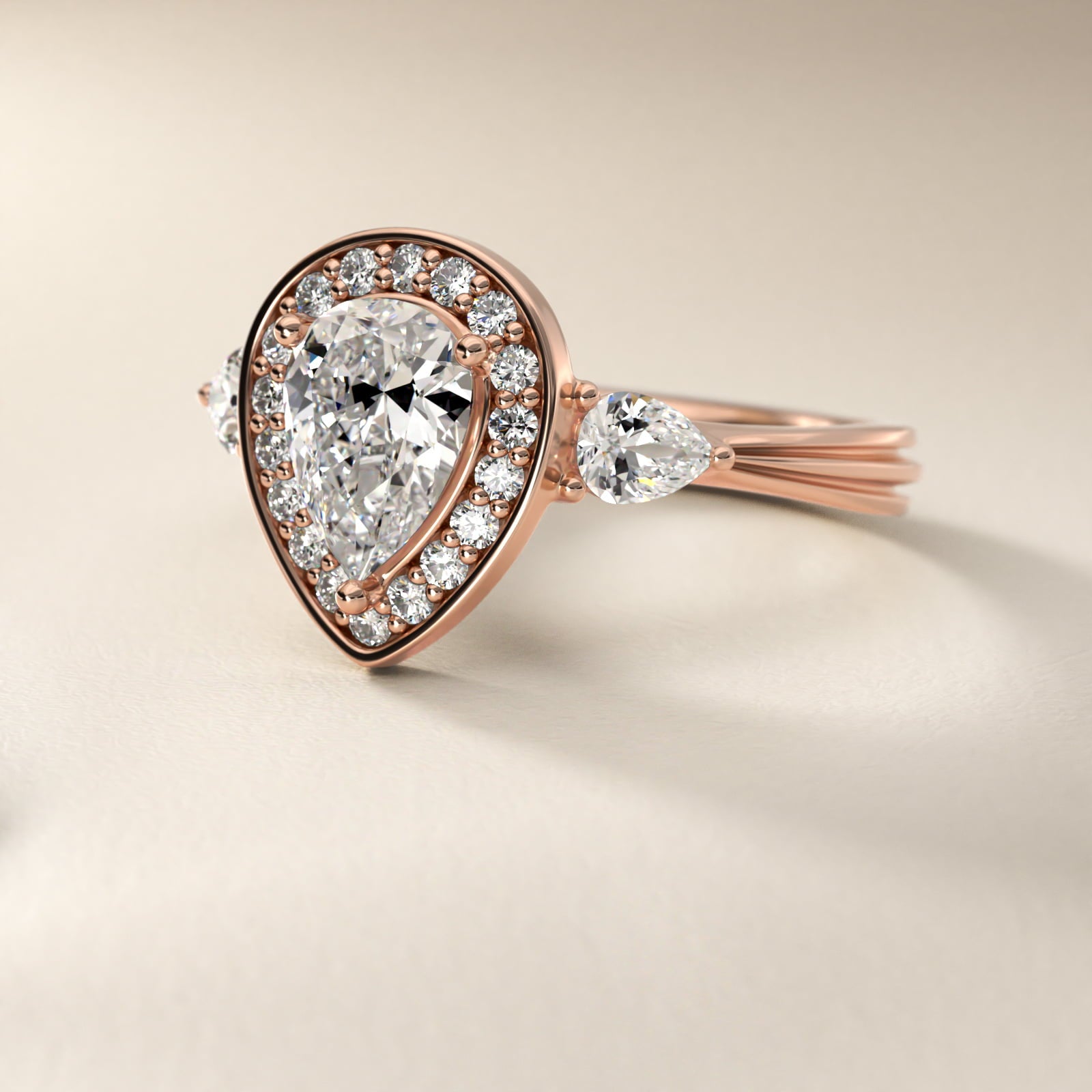 Pear Shape Side Stone Diamond Halo Engagement Ring In 14K Rose Gold By James Allen - Pear Center