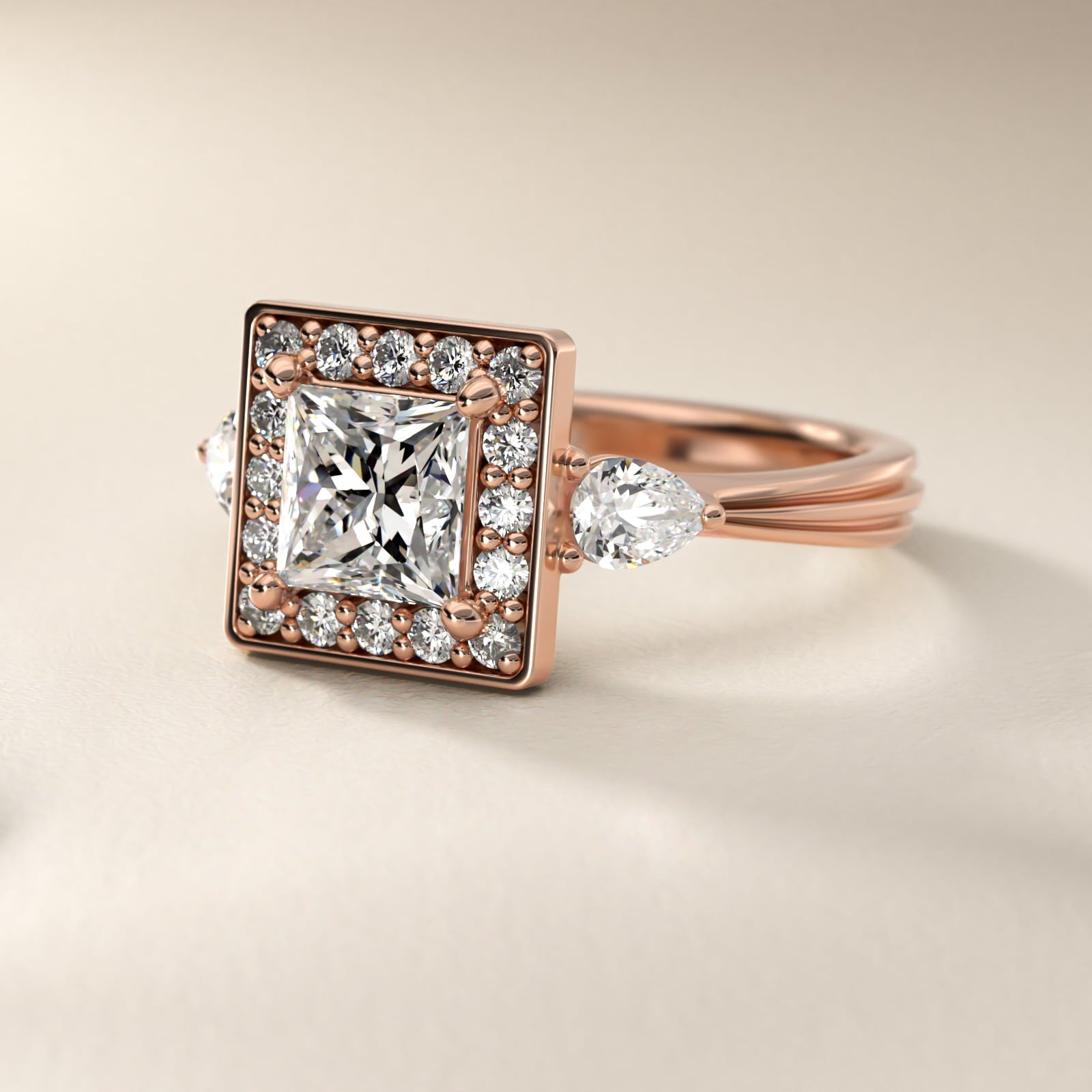 Pear Shape Side Stone Diamond Halo Engagement Ring In 14K Rose Gold By James Allen - Princess Center