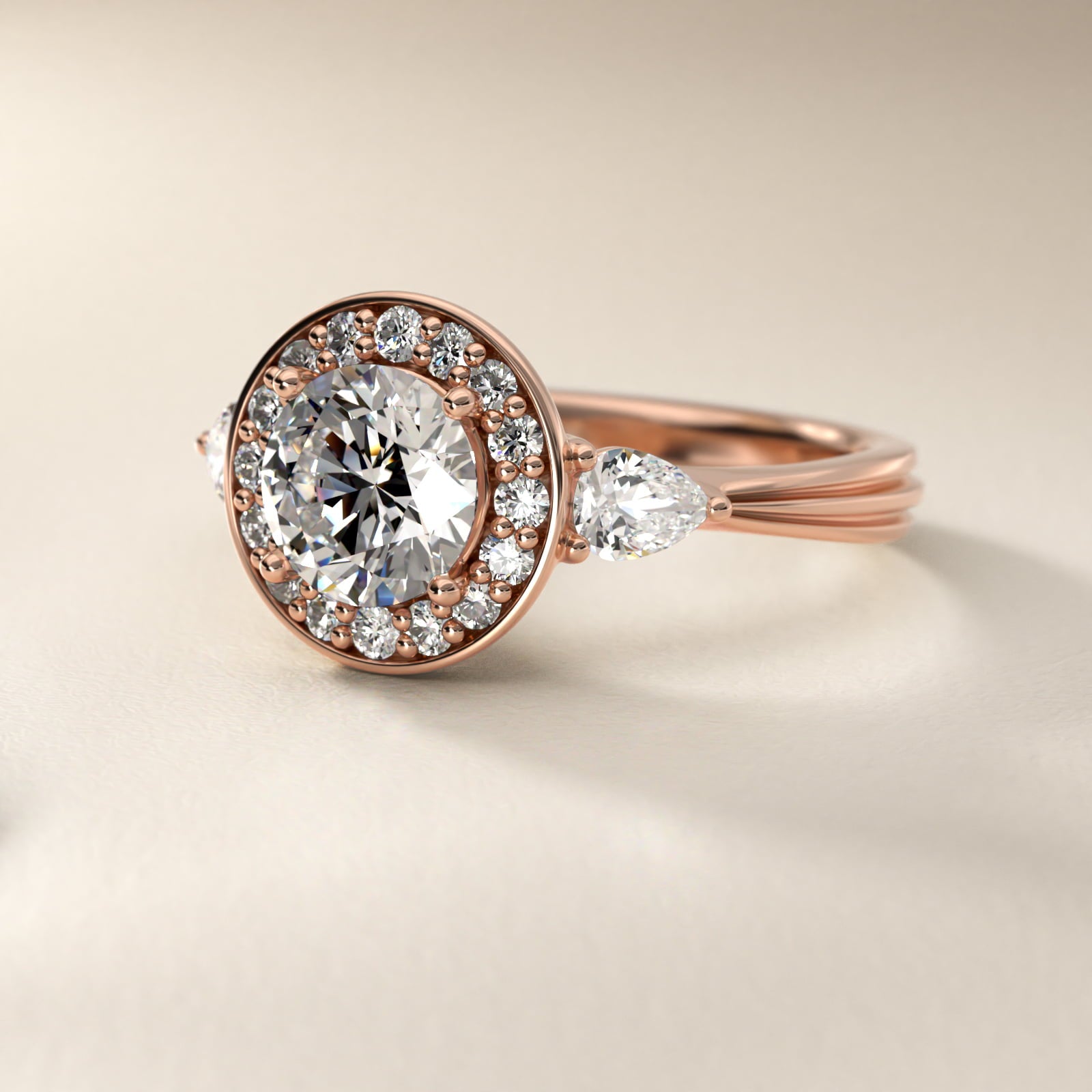 Pear Shape Side Stone Diamond Halo Engagement Ring In 18k Rose Gold By James Allen - Round Center