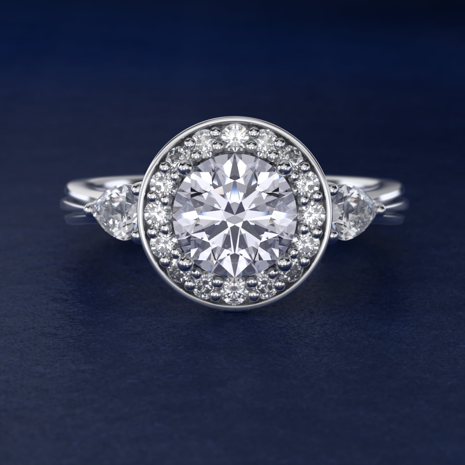 Pear Shape Side Stone Diamond Halo Engagement Ring In 18k White Gold By James Allen - Round Center