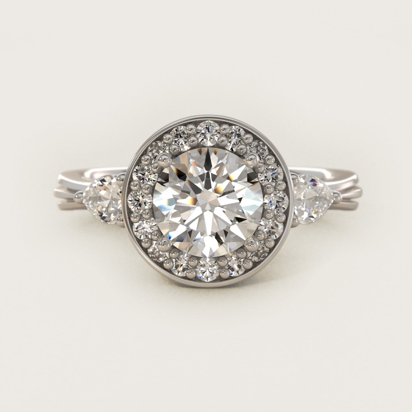 Pear Shape Side Stone Diamond Halo Engagement Ring In 18k White Gold By James Allen - Round Center