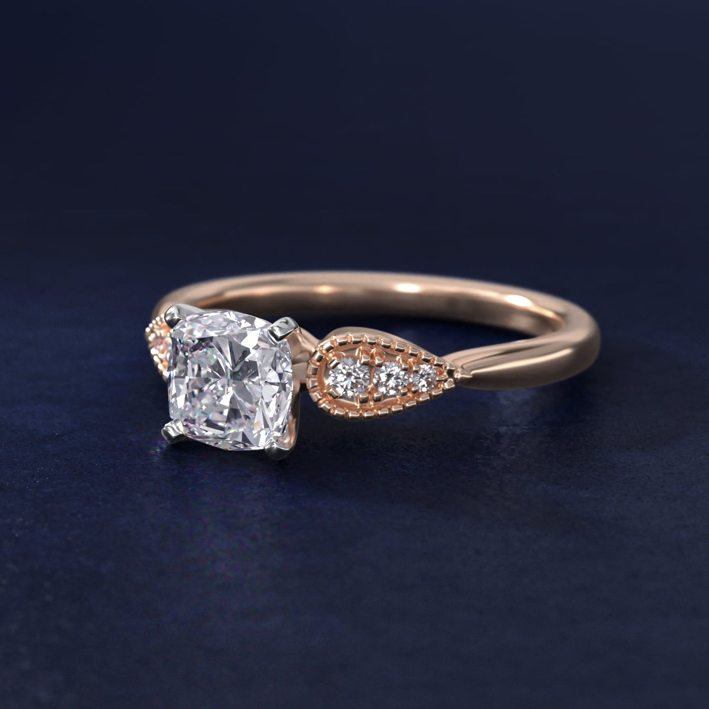 Pear-Shaped Diamond Detail Engagement Ring in 14k Rose Gold - Cushion Center