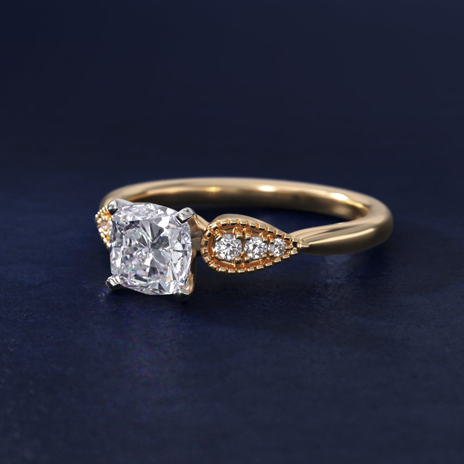 Pear-Shaped Diamond Detail Engagement Ring in 14k Yellow Gold - Cushion Center