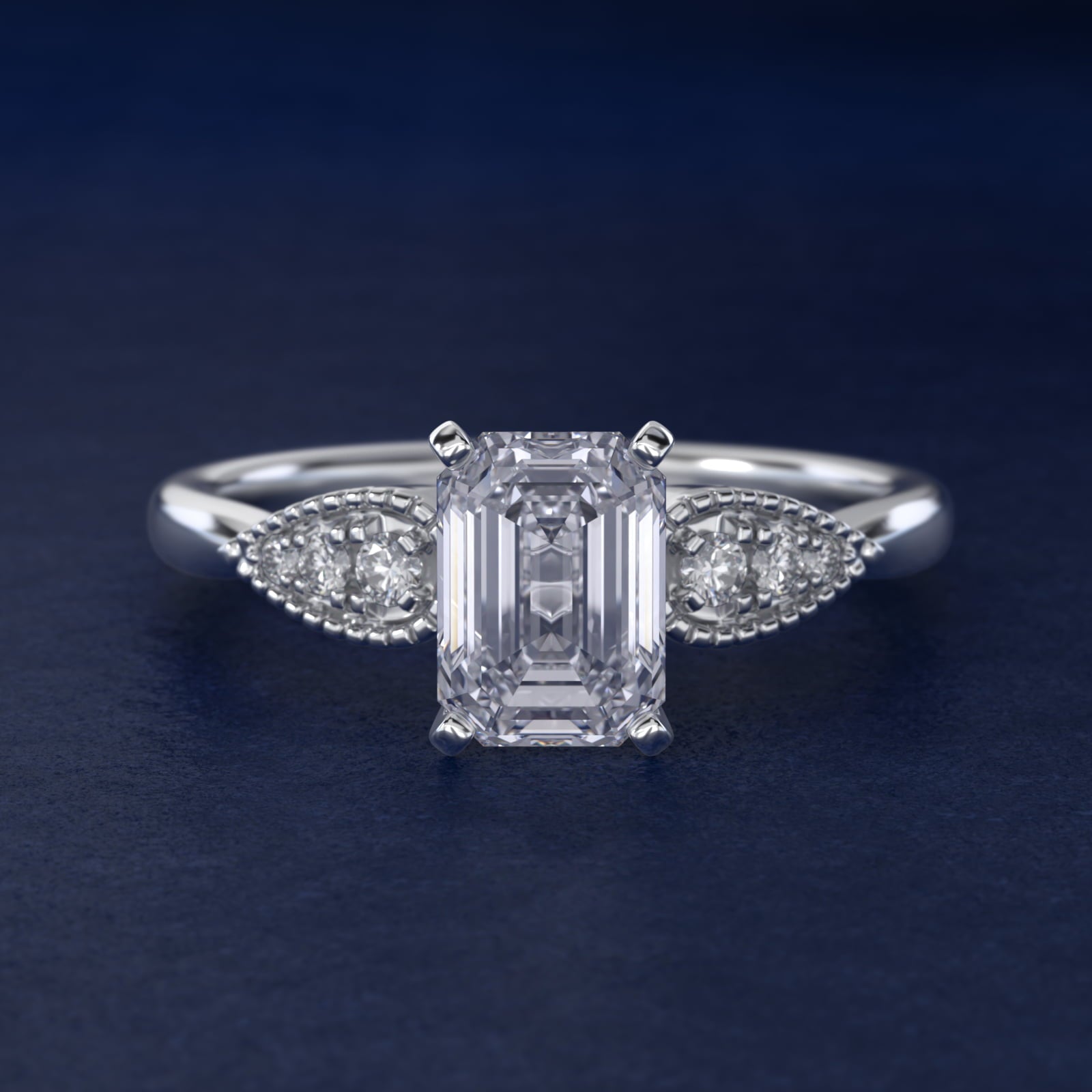 Pear-Shaped Diamond Detail Engagement Ring in 14k White Gold - Emerald Center