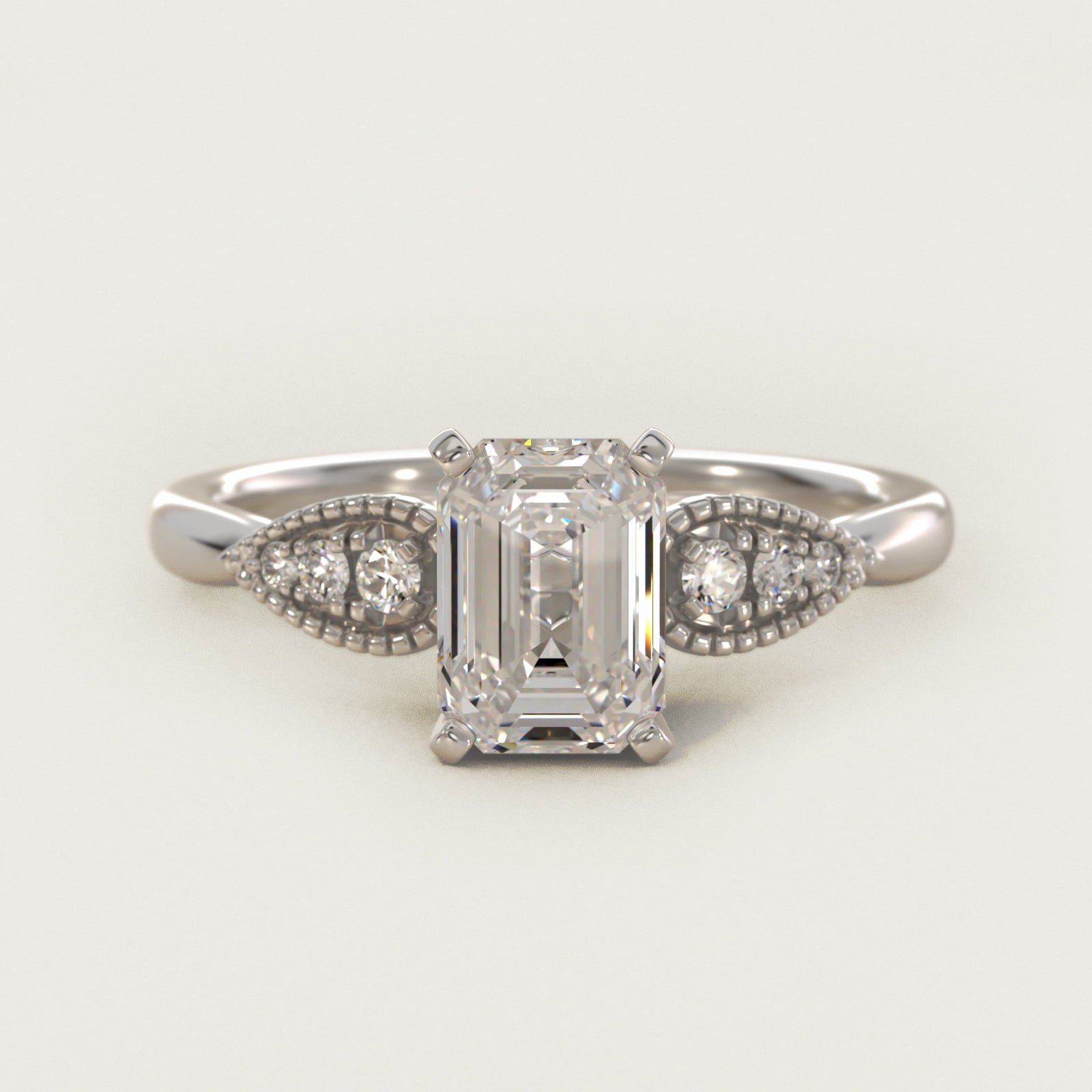 Pear-Shaped Diamond Detail Engagement Ring in 14k White Gold - Emerald Center