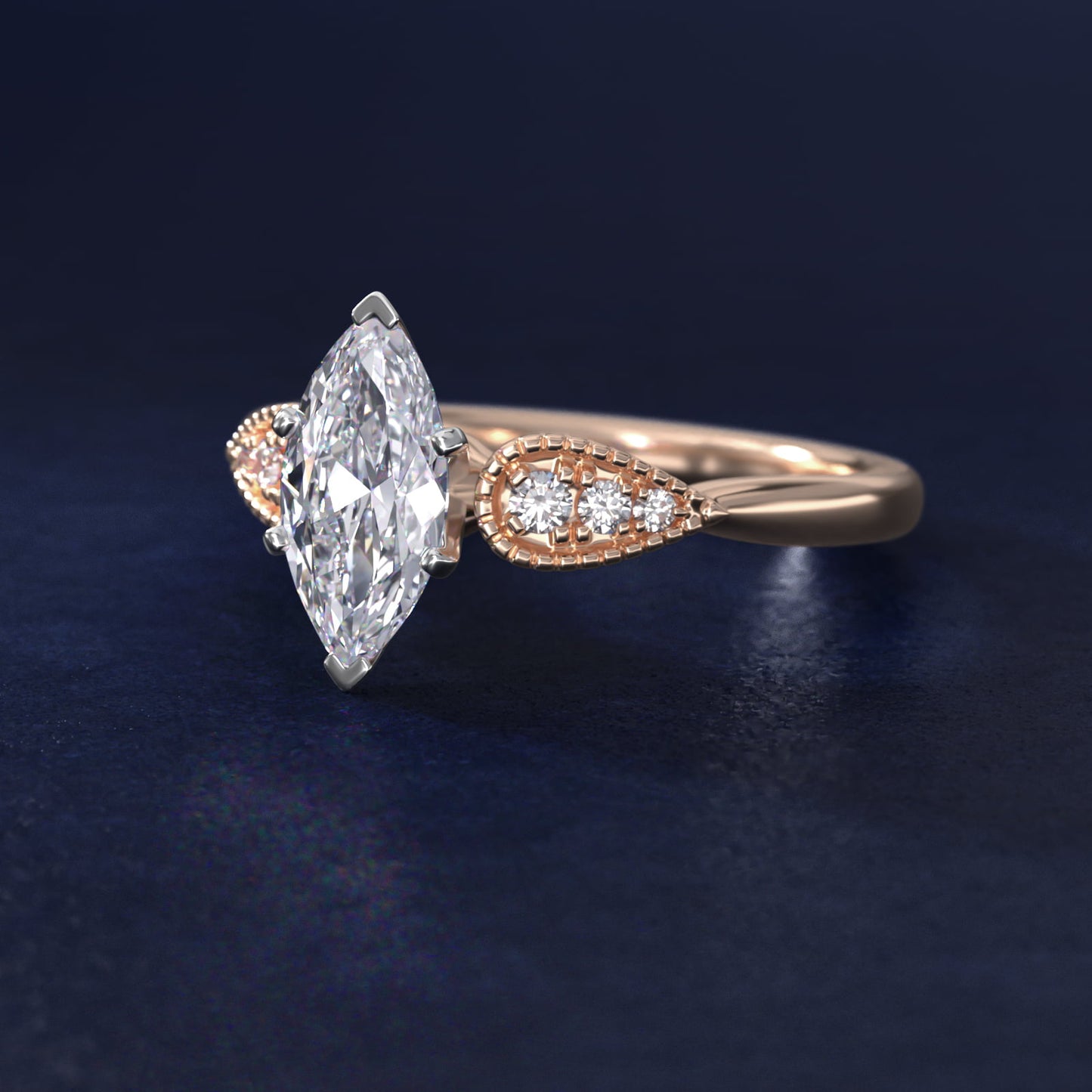 Pear-Shaped Diamond Detail Engagement Ring in 14k Rose Gold - Marquise Center