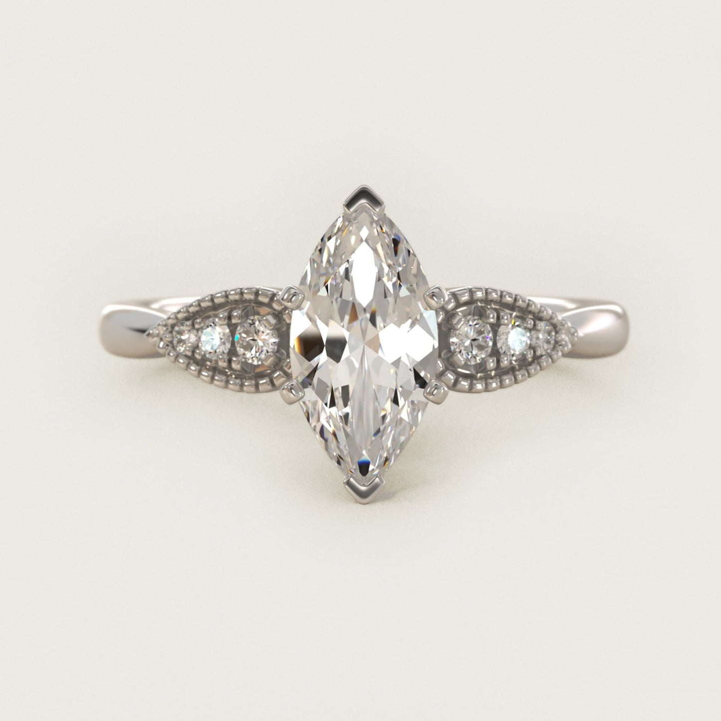 Pear-Shaped Diamond Detail Engagement Ring in 14k White Gold - Marquise Center