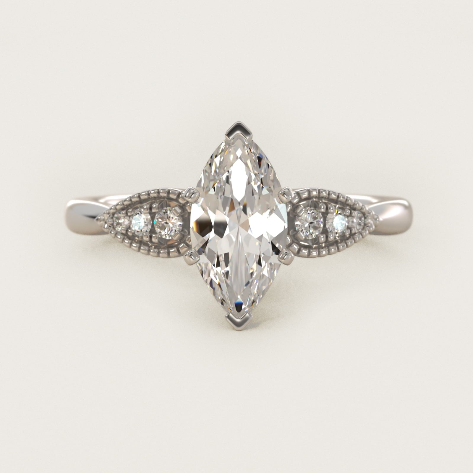 Pear-Shaped Diamond Detail Engagement Ring in 14k White Gold - Marquise Center