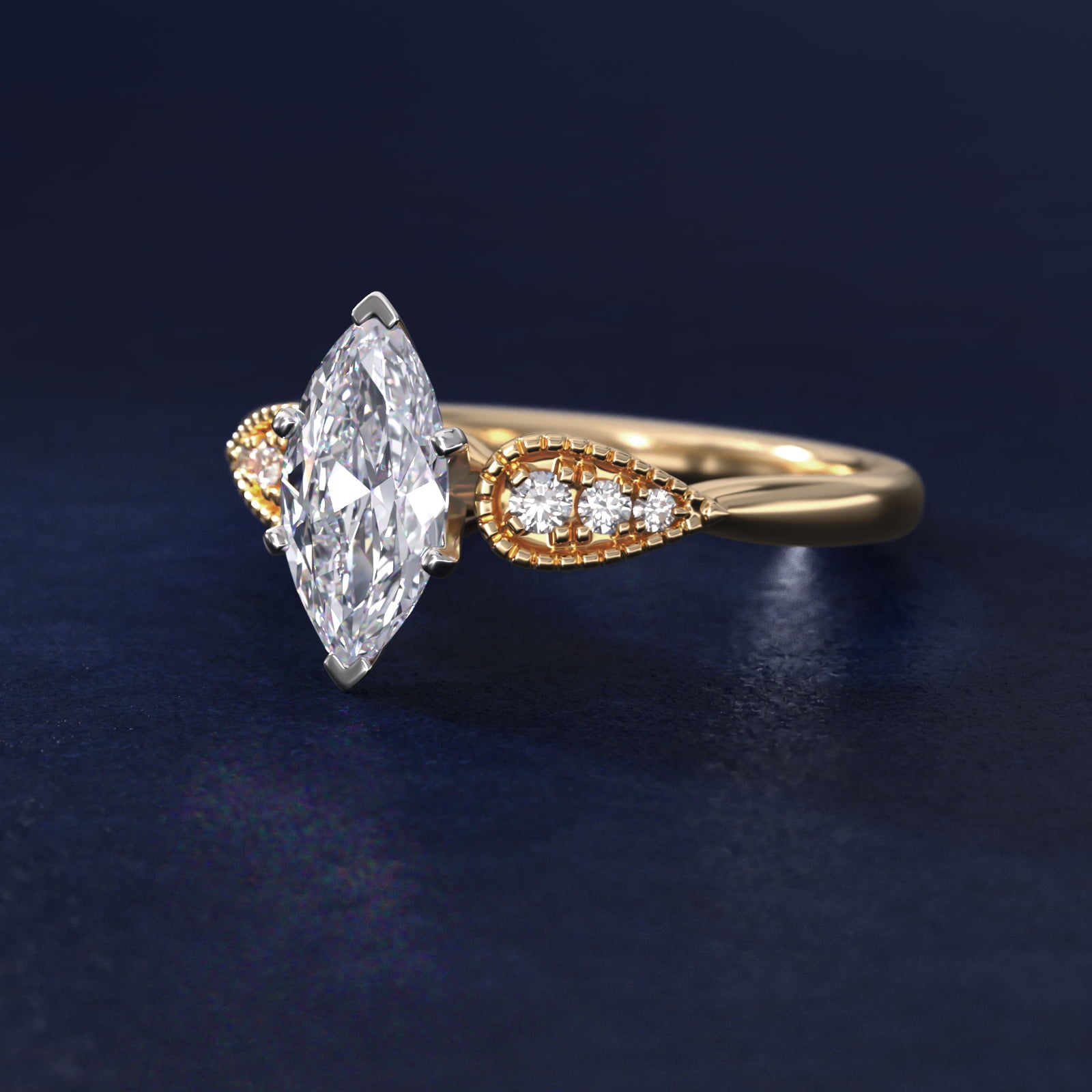 Pear-Shaped Diamond Detail Engagement Ring in 14k Yellow Gold - Marquise Center