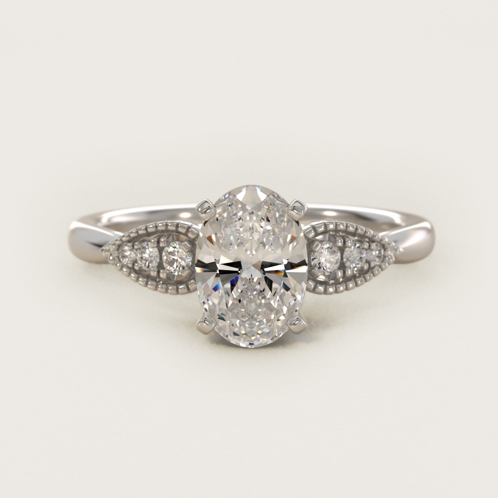 Pear-Shaped Diamond Detail Engagement Ring in 14k White Gold - Oval Center