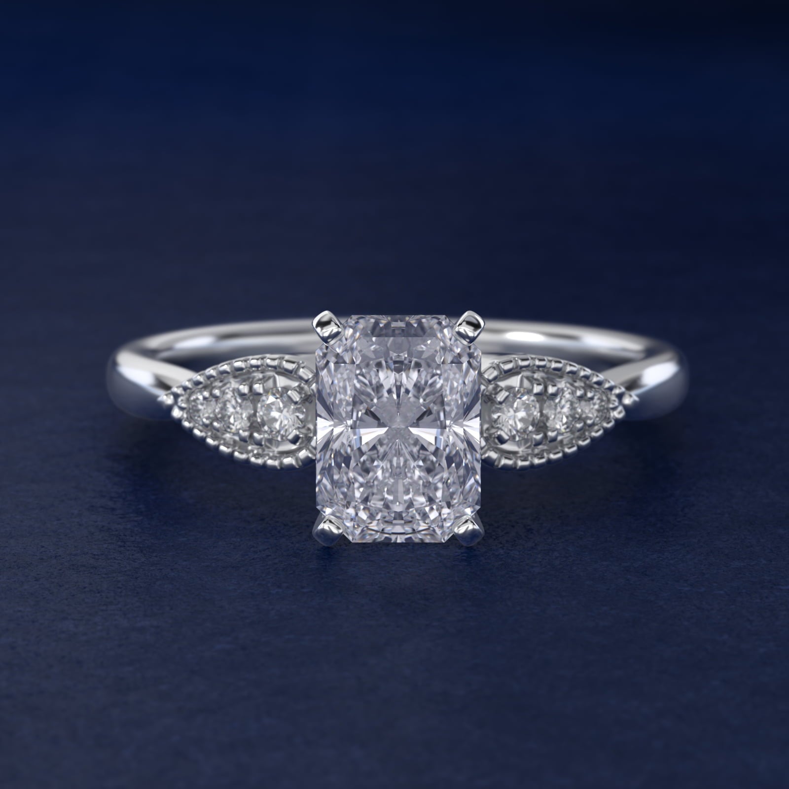 Pear-Shaped Diamond Detail Engagement Ring in 14k White Gold - Radiant Center
